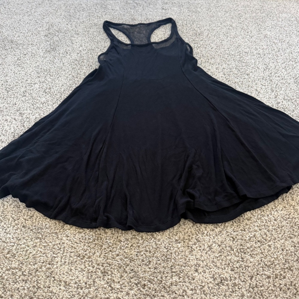 Womens Medium Black Ribbed Lace Mesh Racerback Skater Mini Dress Goth Rave
